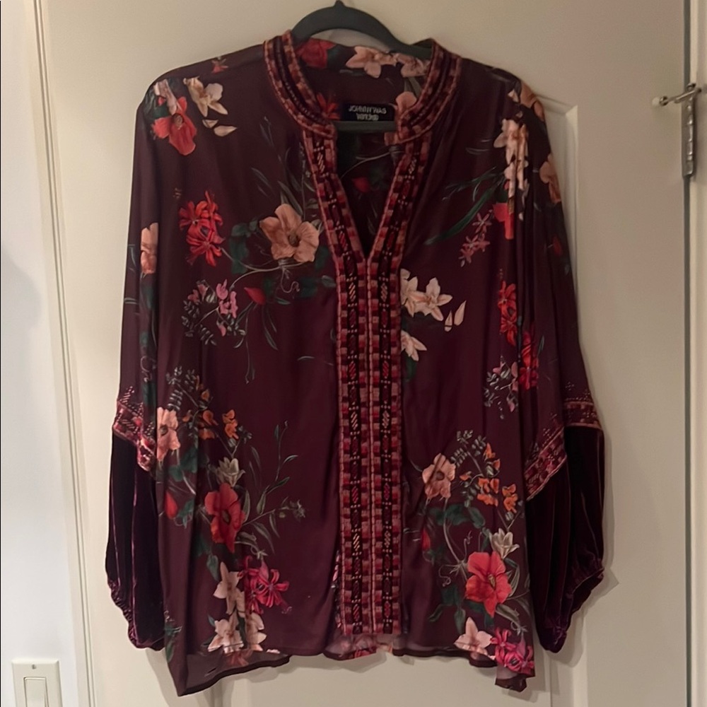 Johnny WAS XL WOMENS SILK & Velvet Burgundy Floral Blouse